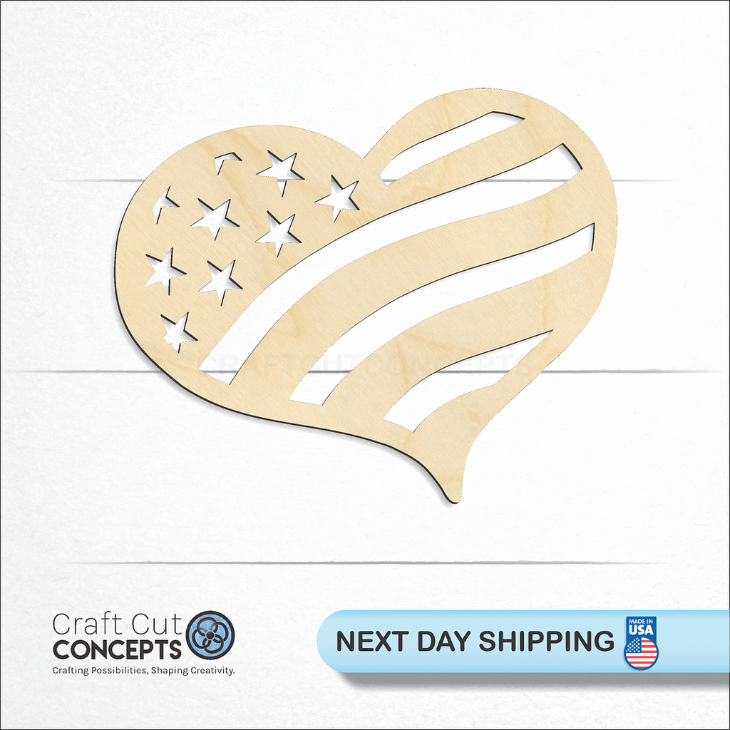 Craft Cut Concepts logo and next day shipping banner with an unfinished wood Flag Heart craft shape and blank