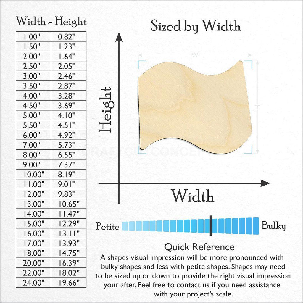 Sizes available for a laser cut Flag Heart craft blank