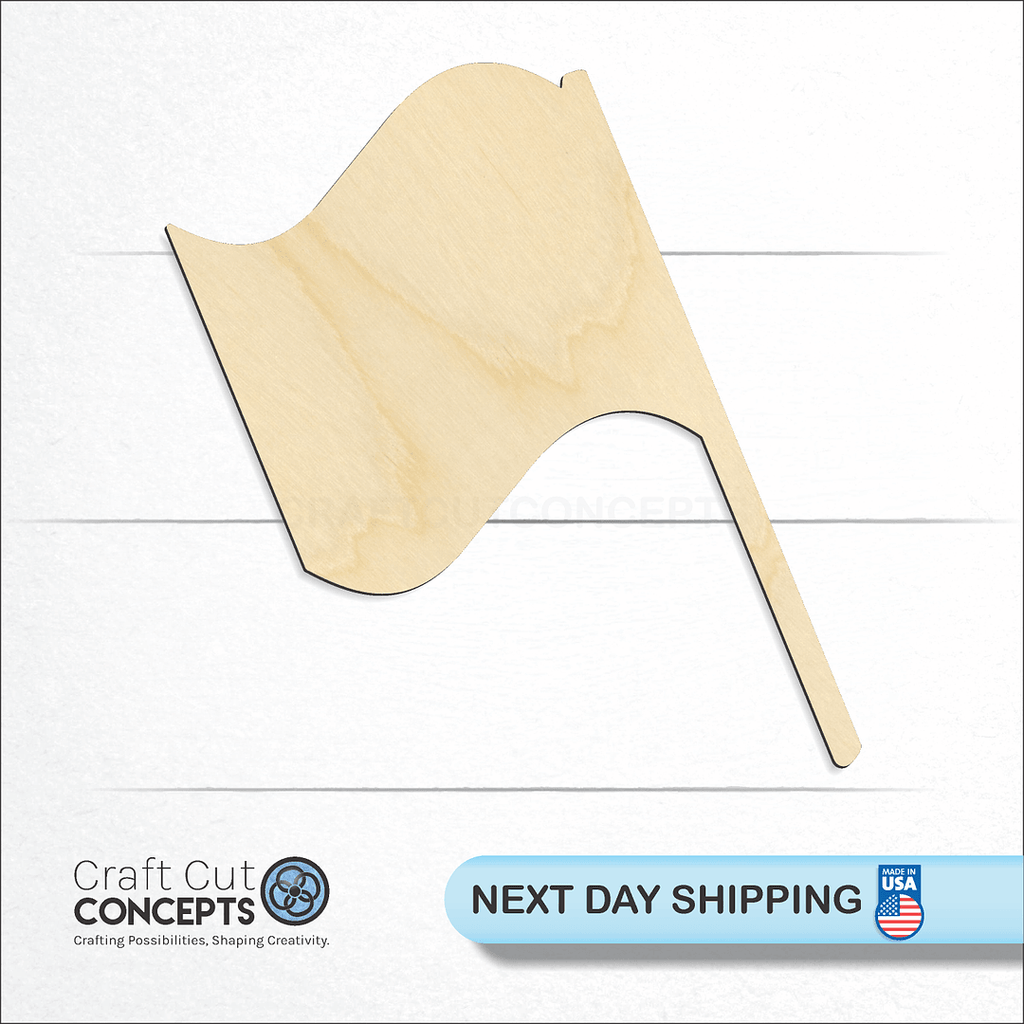 Craft Cut Concepts logo and next day shipping banner with an unfinished wood Flag Race craft shape and blank