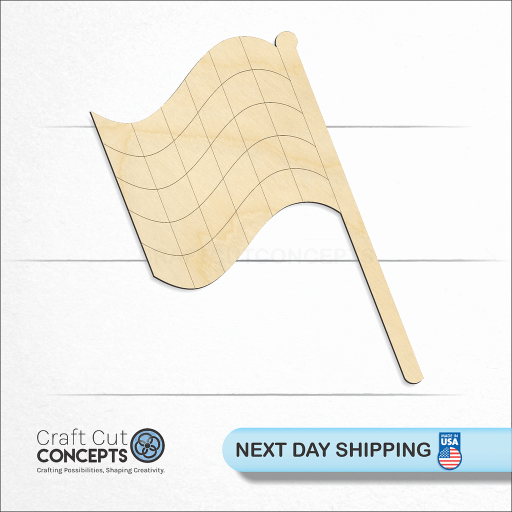 Craft Cut Concepts logo and next day shipping banner with an unfinished wood Checkerd Flag Race craft shape and blank