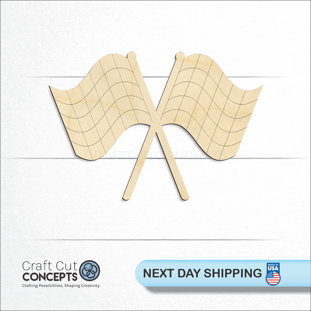 Craft Cut Concepts logo and next day shipping banner with an unfinished wood Double Checkerd Flag Race craft shape and blank