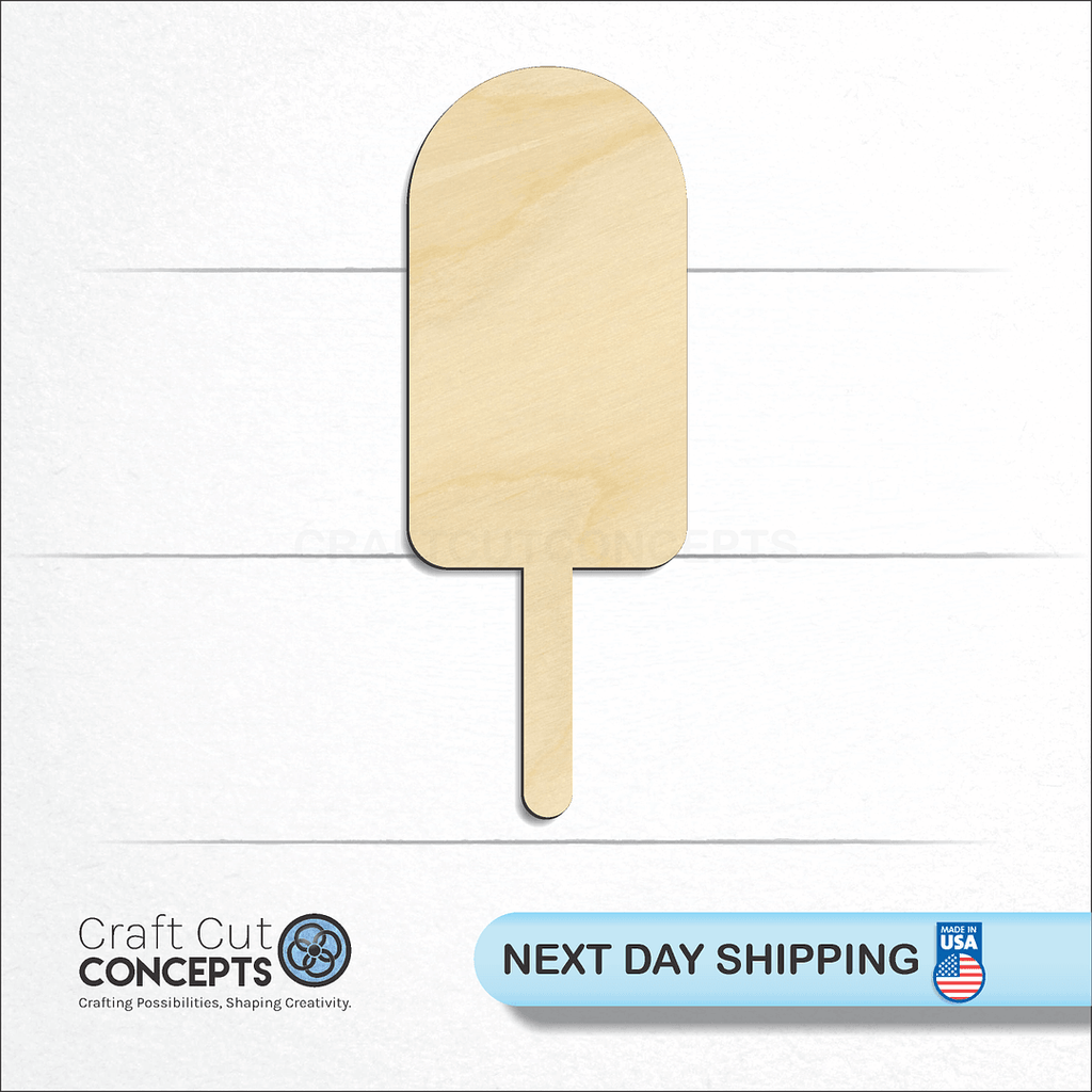 Craft Cut Concepts logo and next day shipping banner with an unfinished wood Popsicle craft shape and blank