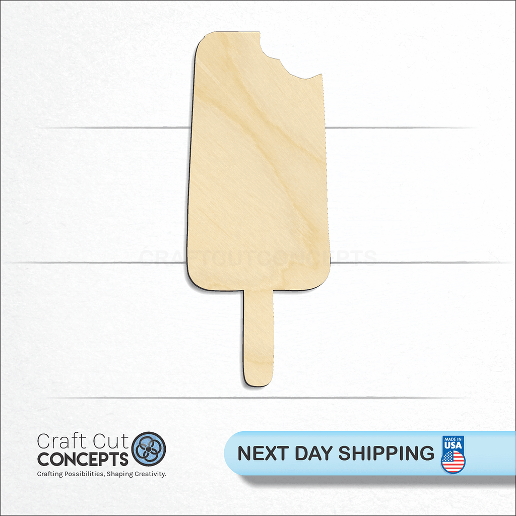 Craft Cut Concepts logo and next day shipping banner with an unfinished wood Popcicle craft shape and blank