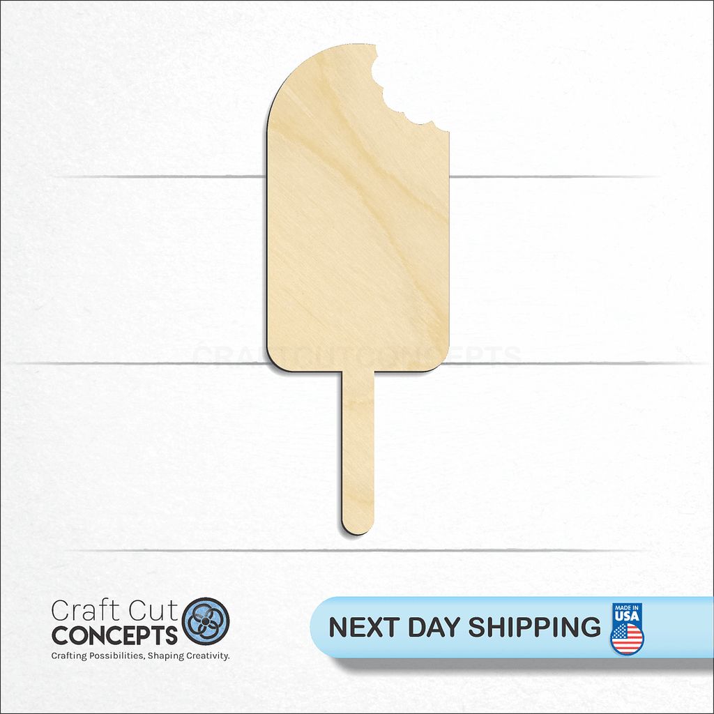 Craft Cut Concepts logo and next day shipping banner with an unfinished wood Popcicle craft shape and blank