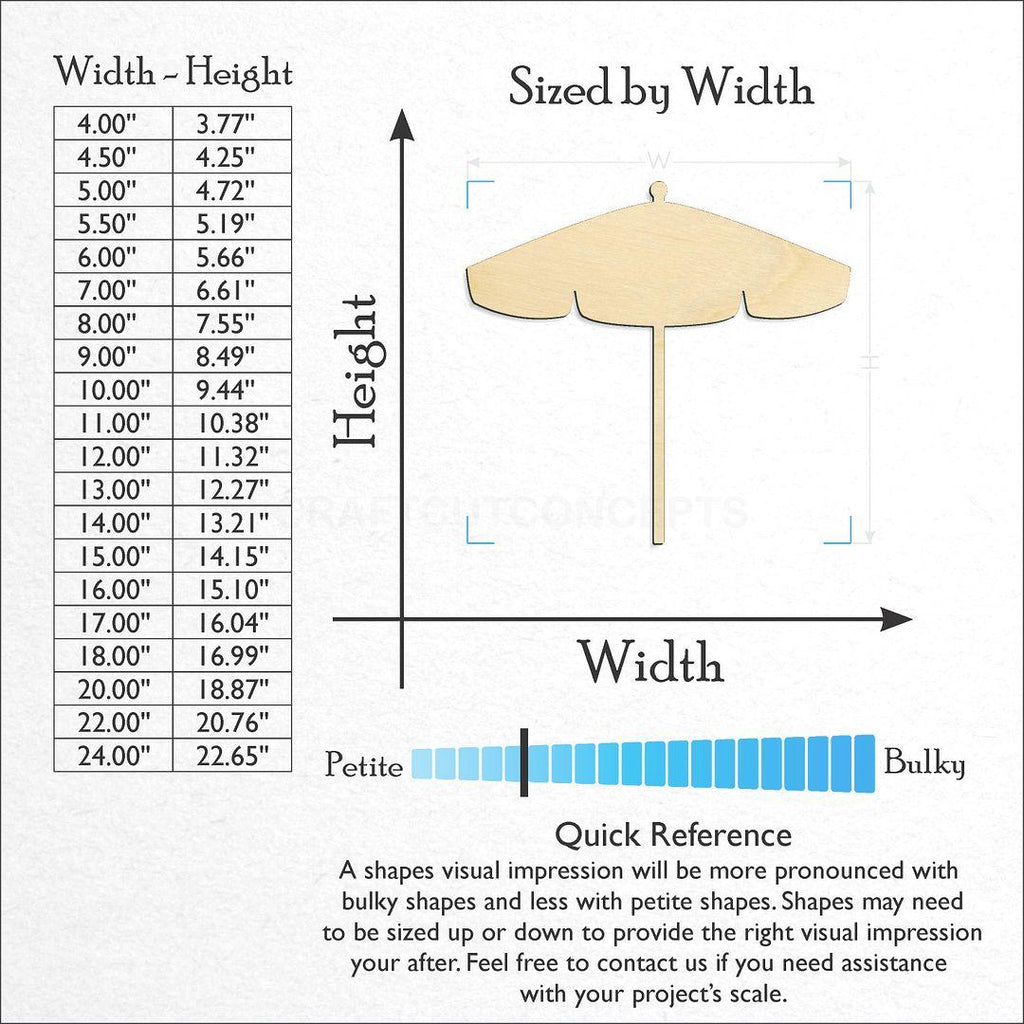 Sizes available for a laser cut Umbrella craft blank