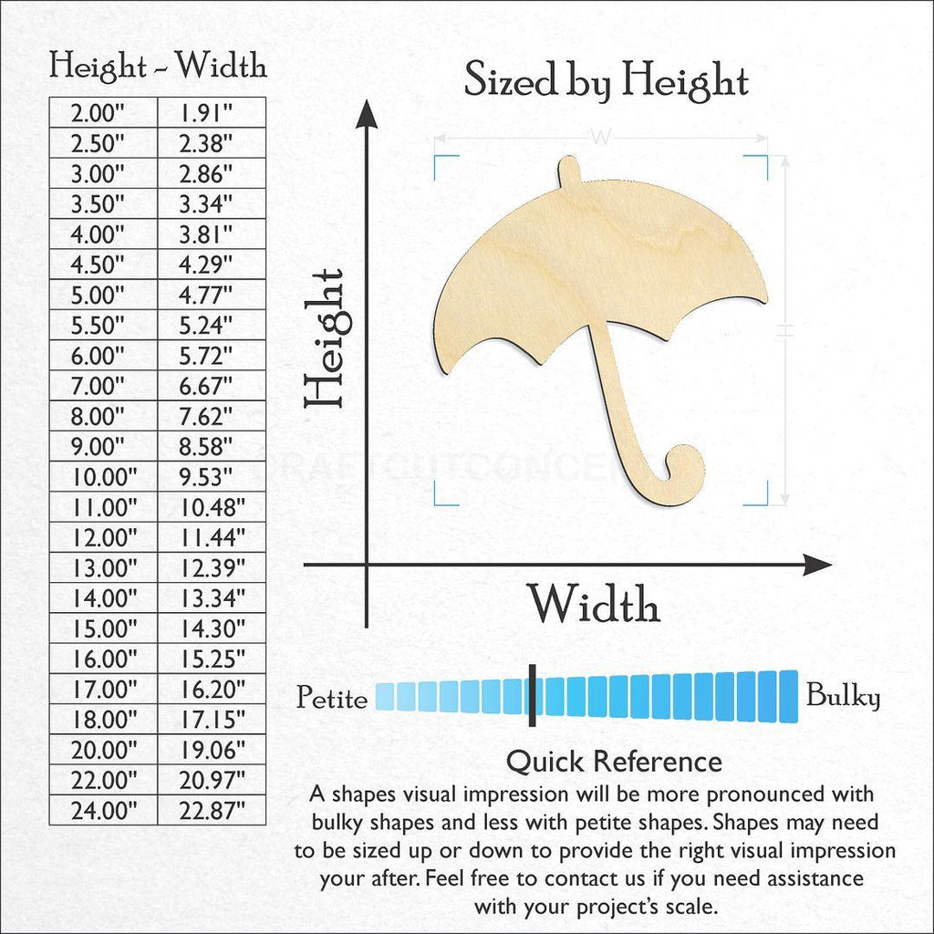 Sizes available for a laser cut Umbrella craft blank