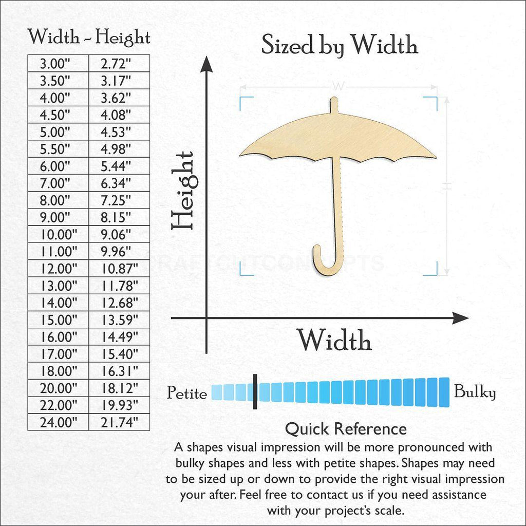 Sizes available for a laser cut Umbrella craft blank