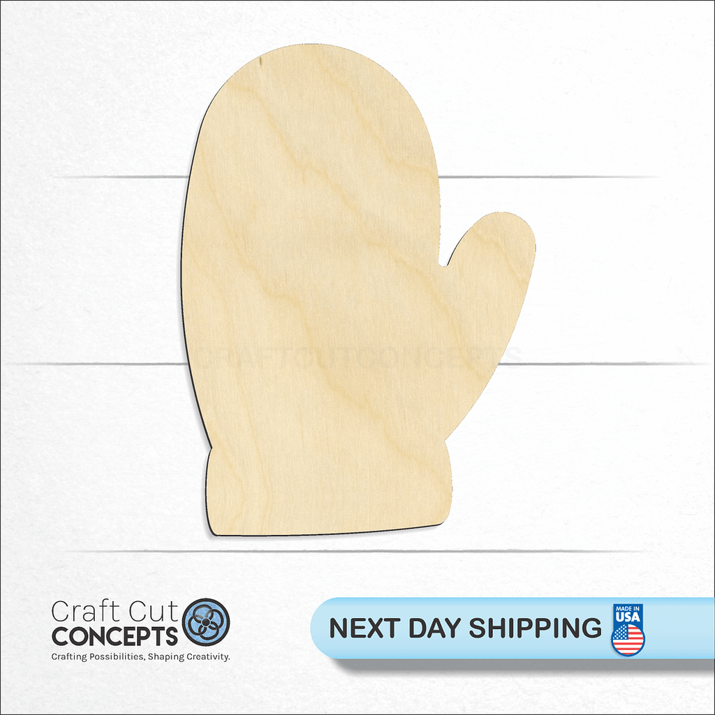 Craft Cut Concepts logo and next day shipping banner with an unfinished wood Mitten craft shape and blank