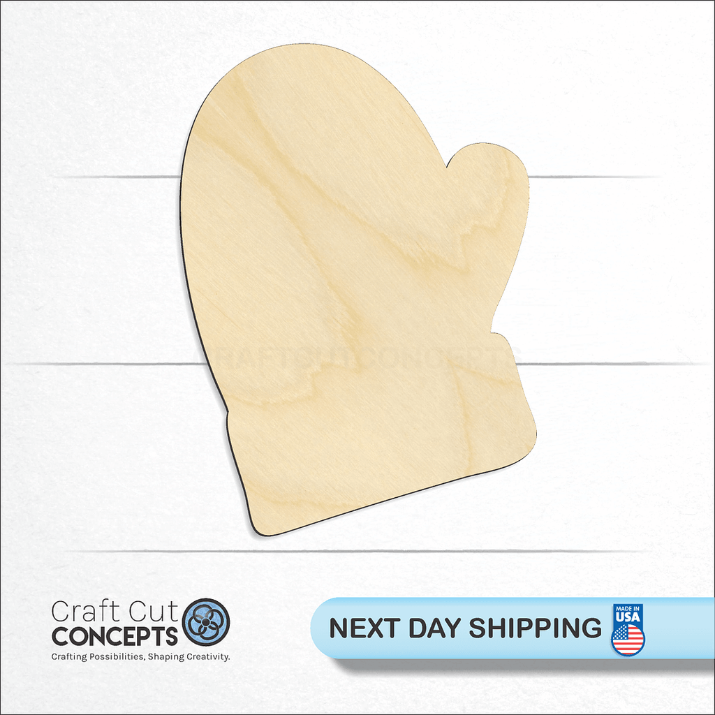 Craft Cut Concepts logo and next day shipping banner with an unfinished wood Mitten craft shape and blank