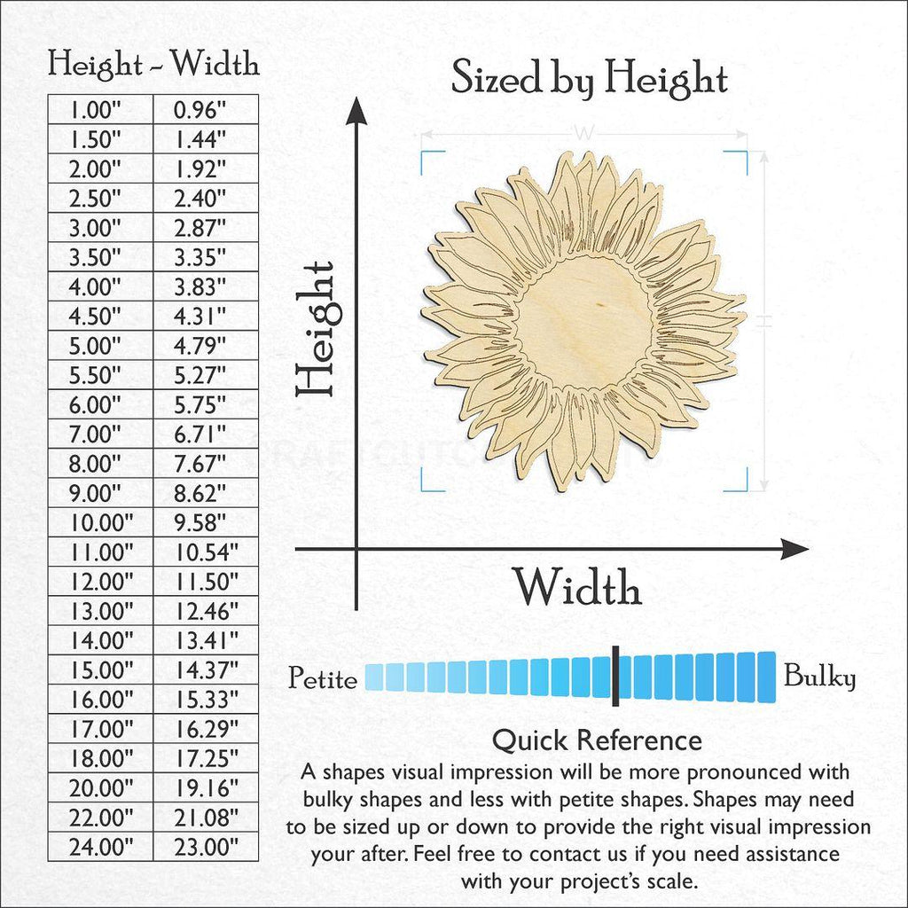 Sizes available for a laser cut Sun Flower craft blank