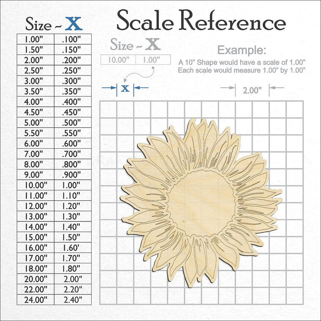 A scale and graph image showing a wood Sun Flower craft blank