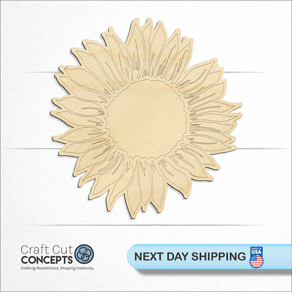 Craft Cut Concepts logo and next day shipping banner with an unfinished wood Sun Flower craft shape and blank