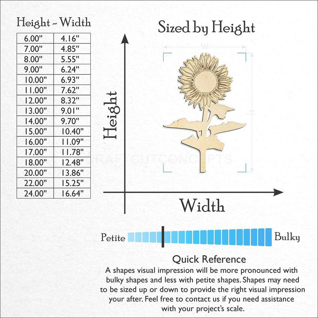 Sizes available for a laser cut Sun Flower craft blank