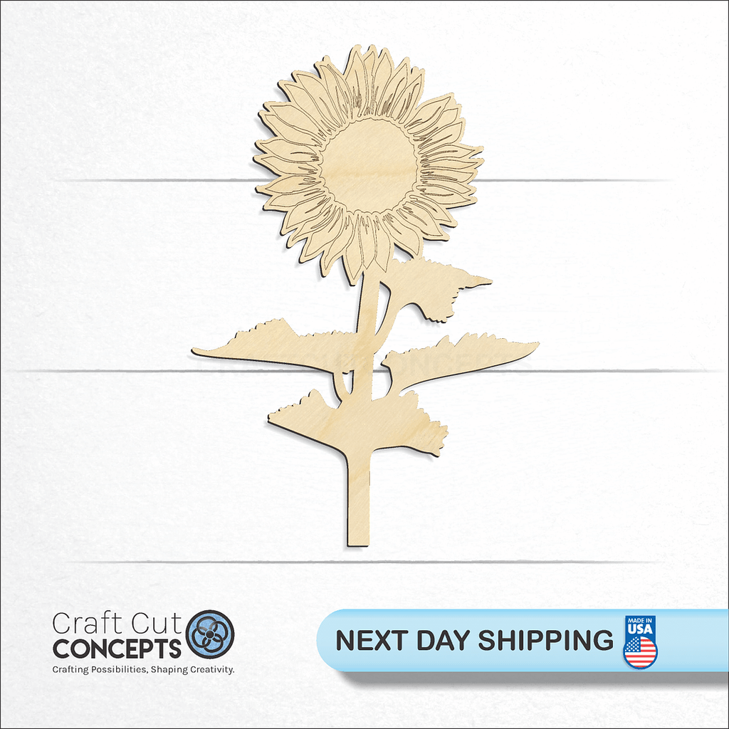 Craft Cut Concepts logo and next day shipping banner with an unfinished wood Sun Flower craft shape and blank