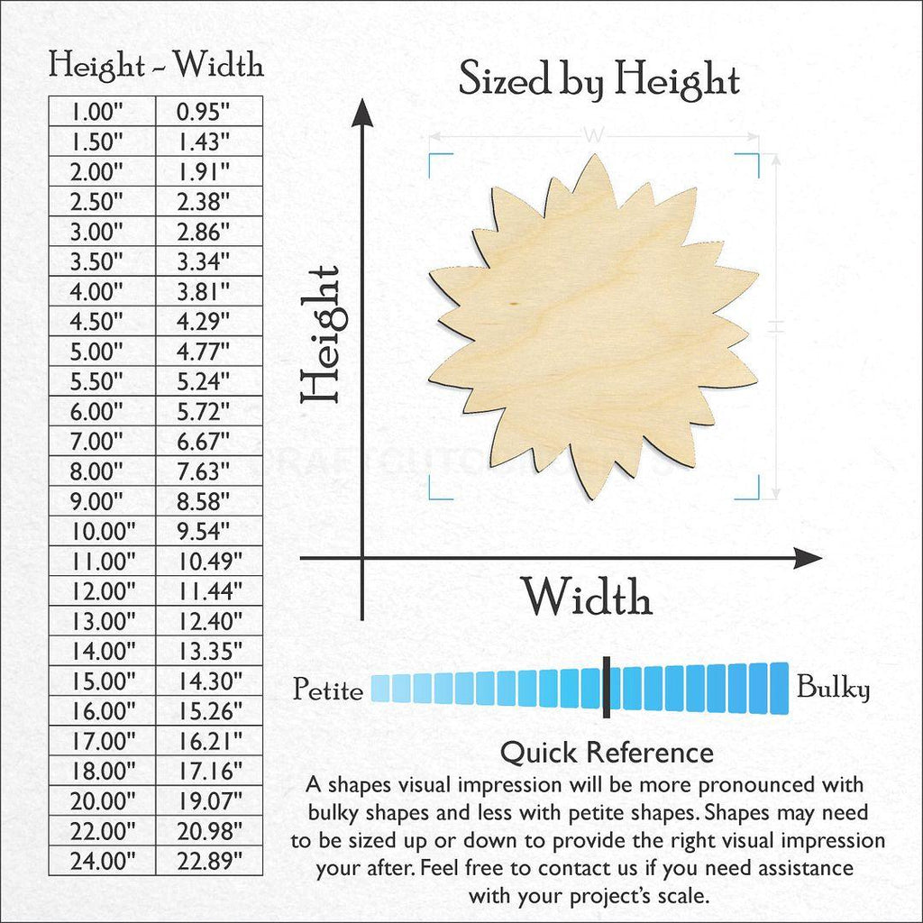 Sizes available for a laser cut Sun Flower craft blank