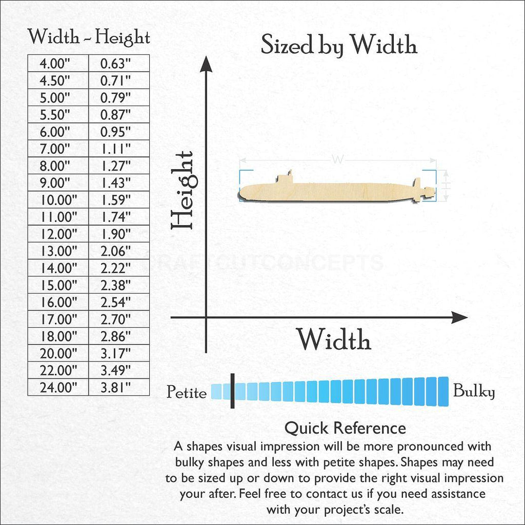 Sizes available for a laser cut Submarine craft blank
