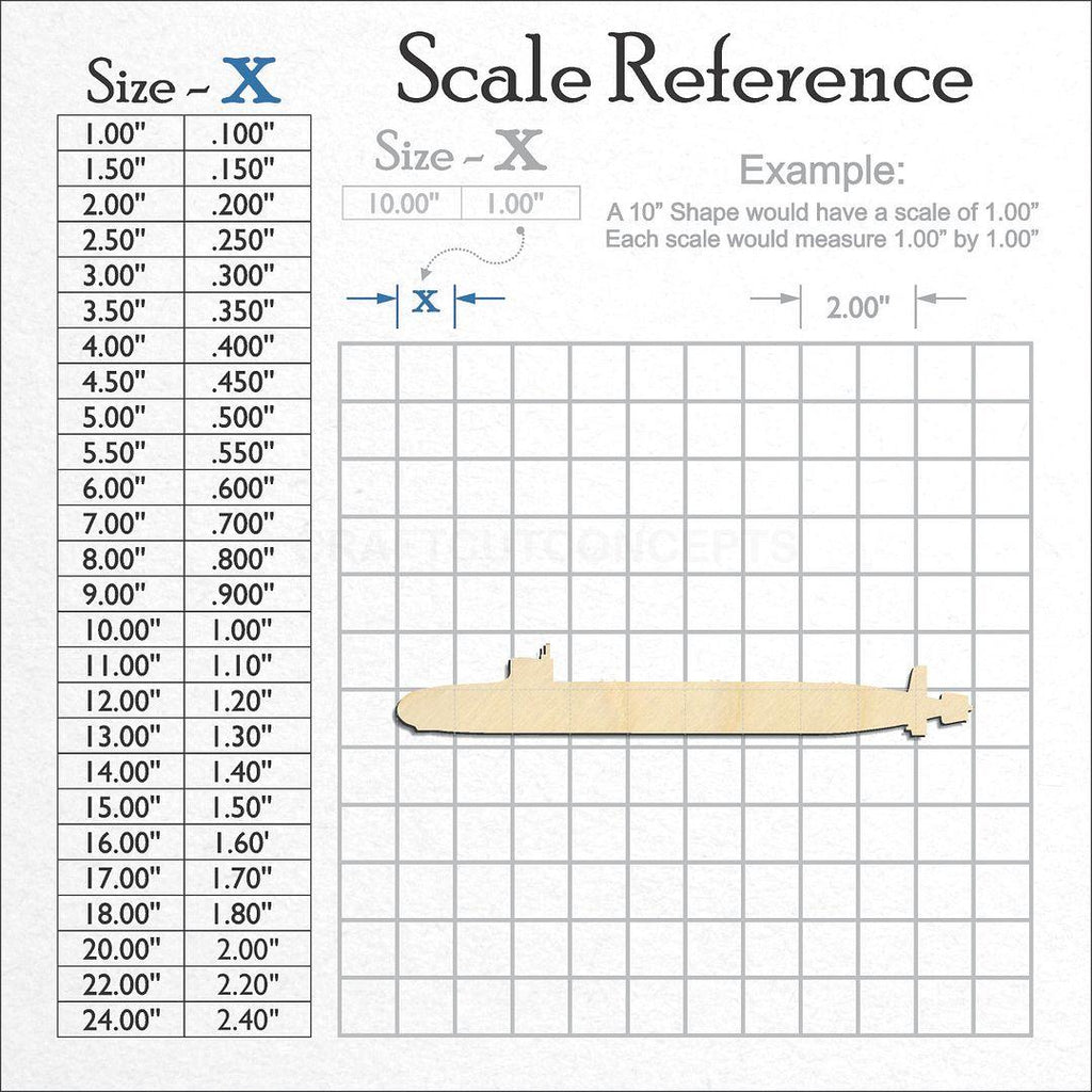 A scale and graph image showing a wood Submarine craft blank