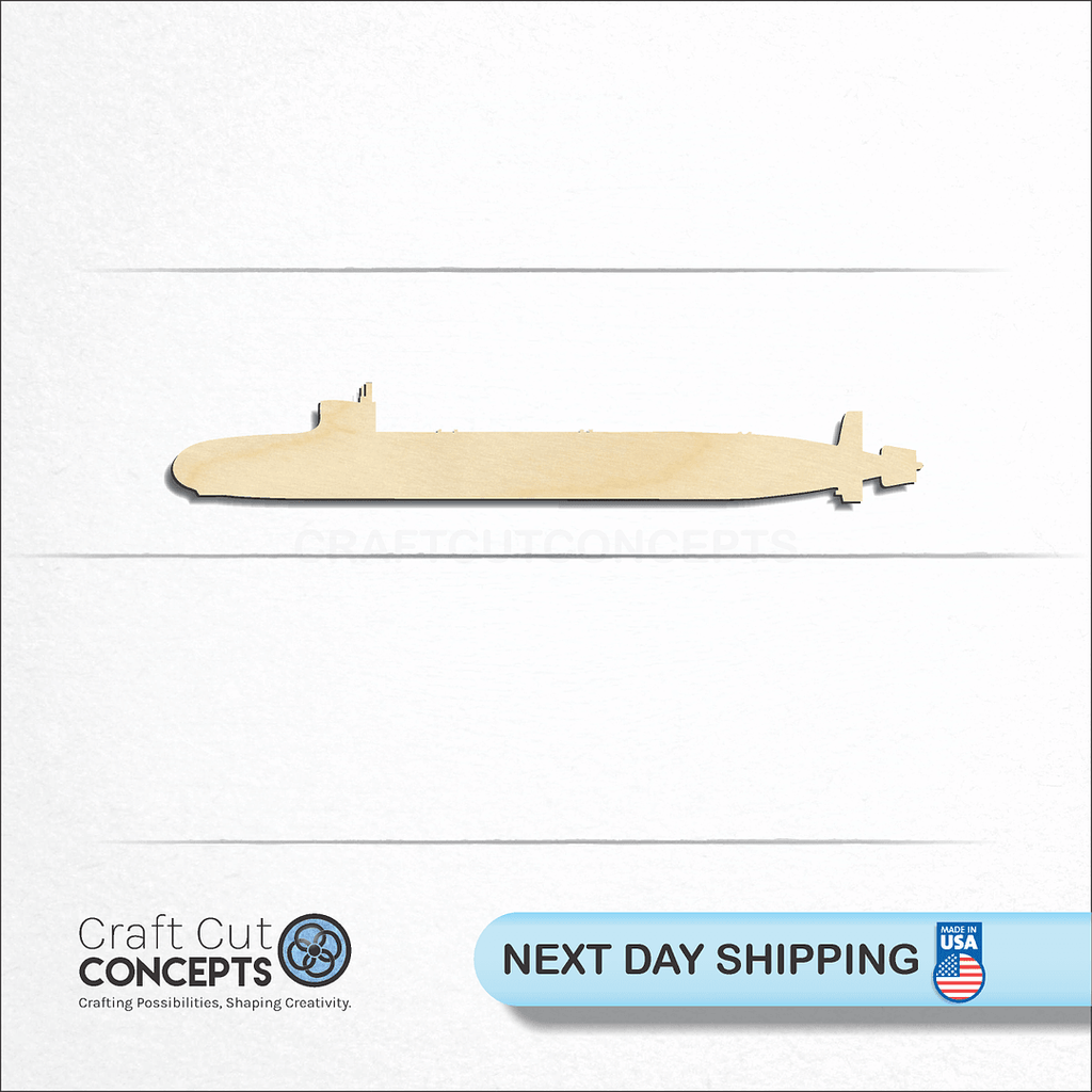 Craft Cut Concepts logo and next day shipping banner with an unfinished wood Submarine craft shape and blank