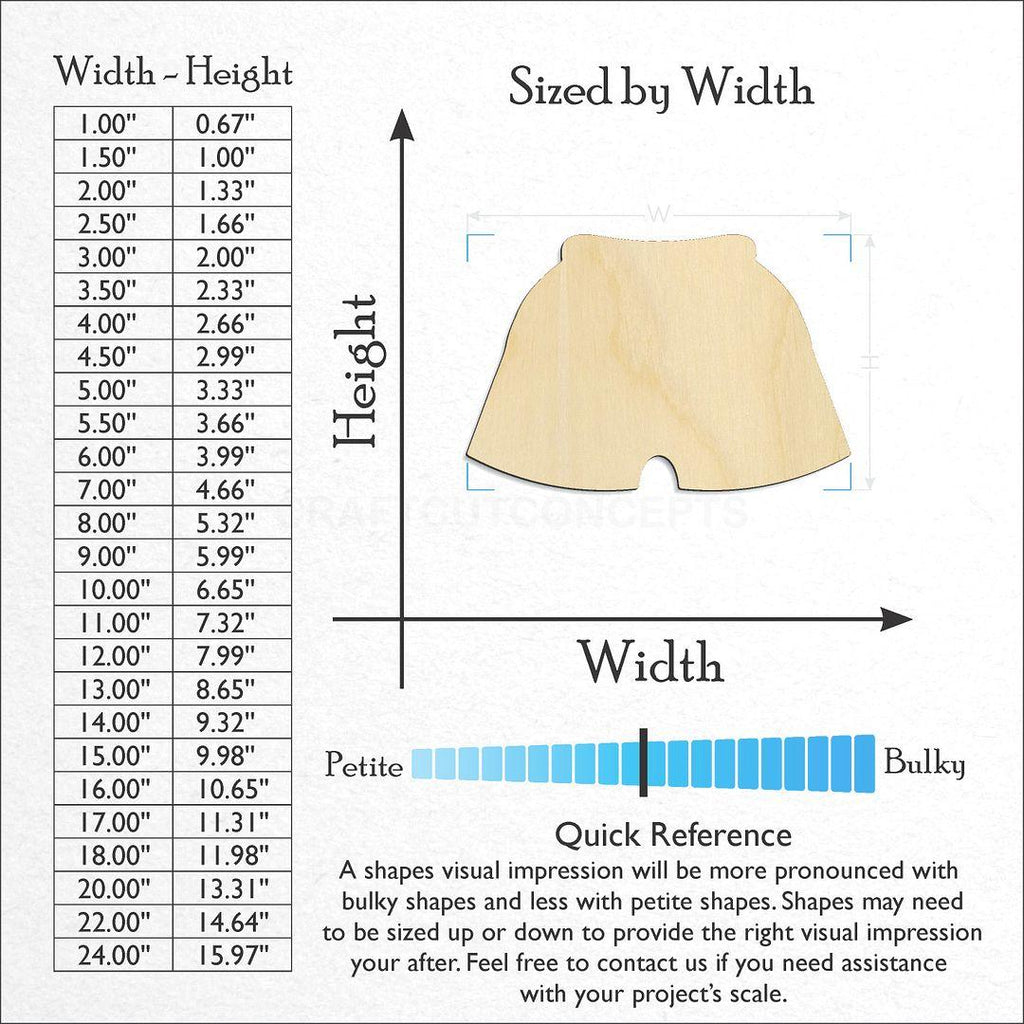 Sizes available for a laser cut Shorts craft blank