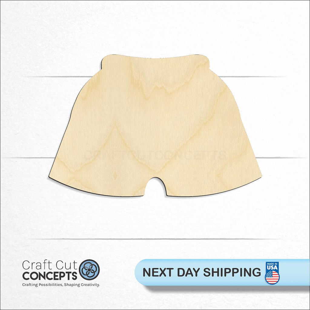 Craft Cut Concepts logo and next day shipping banner with an unfinished wood Shorts craft shape and blank