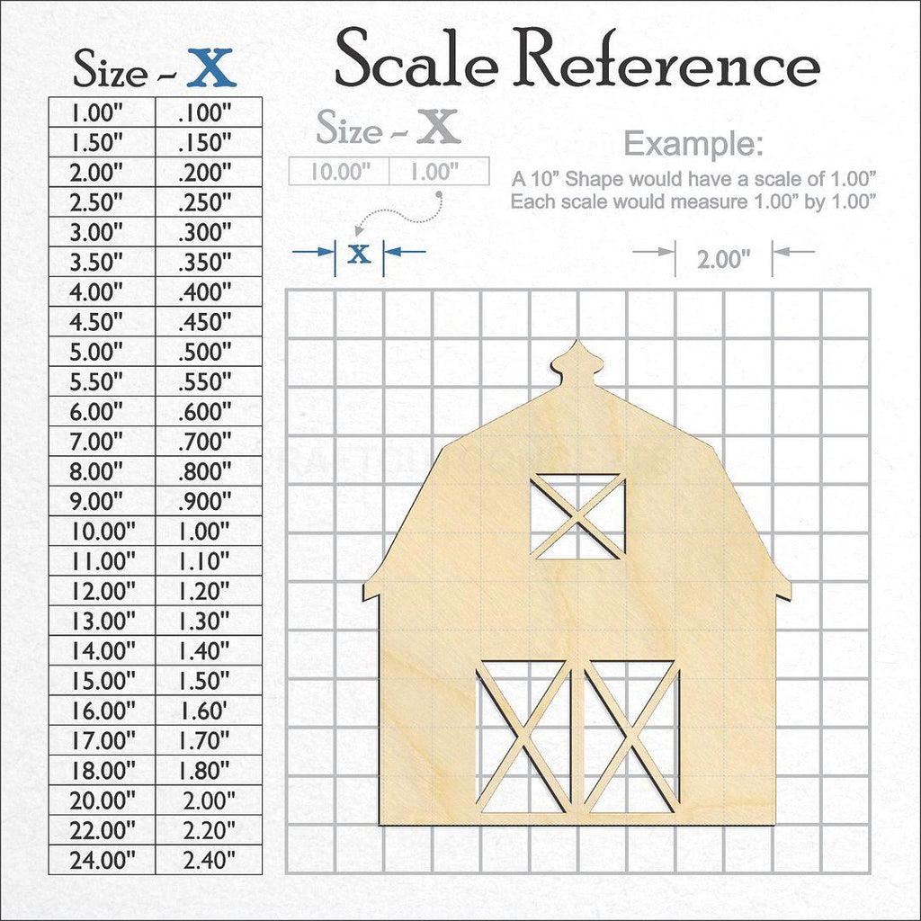 A scale and graph image showing a wood Barn with doors craft blank