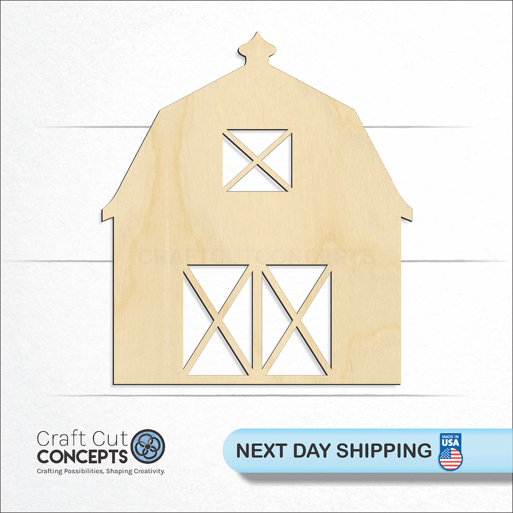 Craft Cut Concepts logo and next day shipping banner with an unfinished wood Barn with doors craft shape and blank