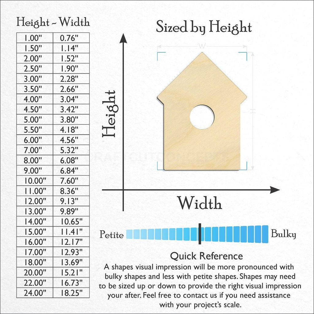 Sizes available for a laser cut Bird House craft blank