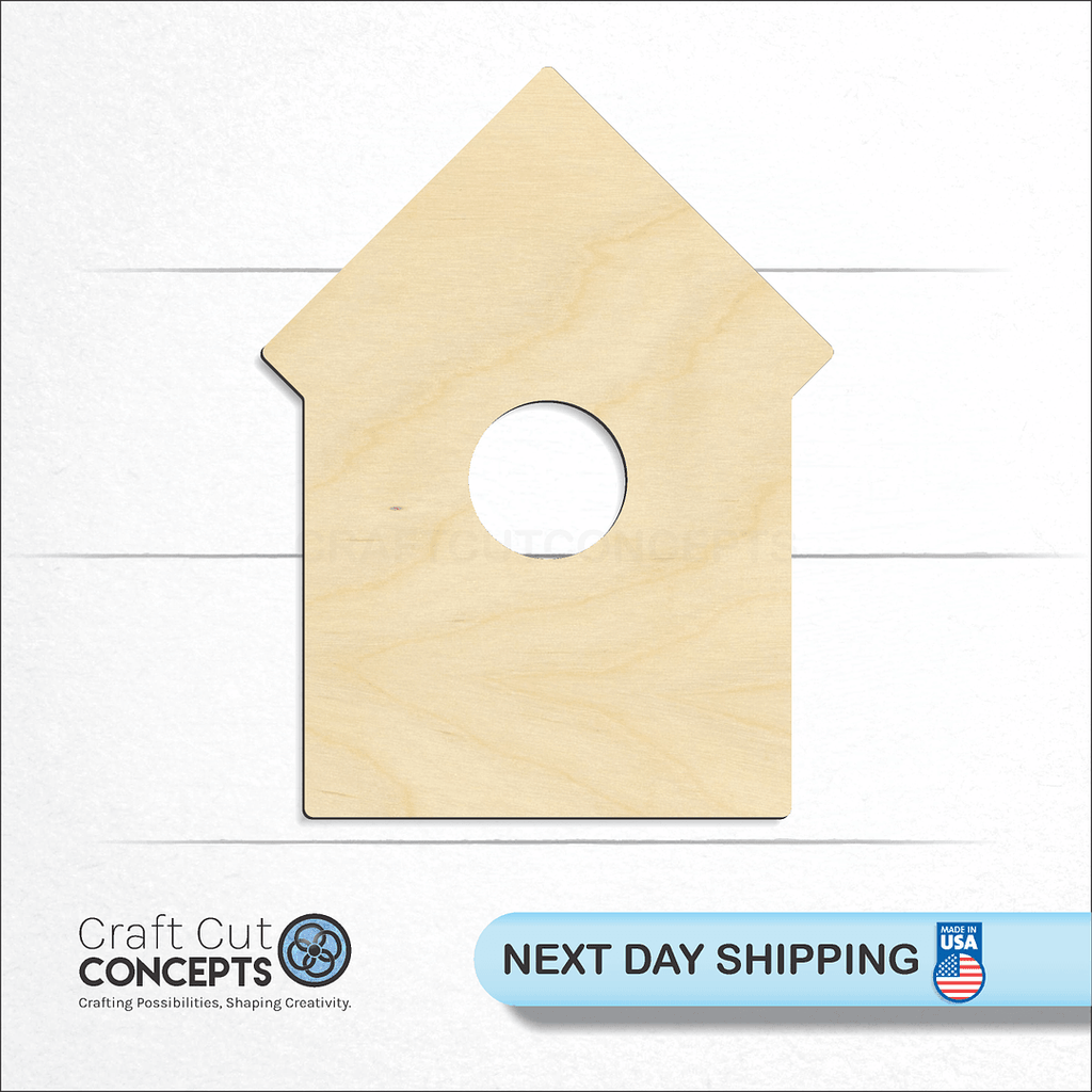 Craft Cut Concepts logo and next day shipping banner with an unfinished wood Bird House craft shape and blank