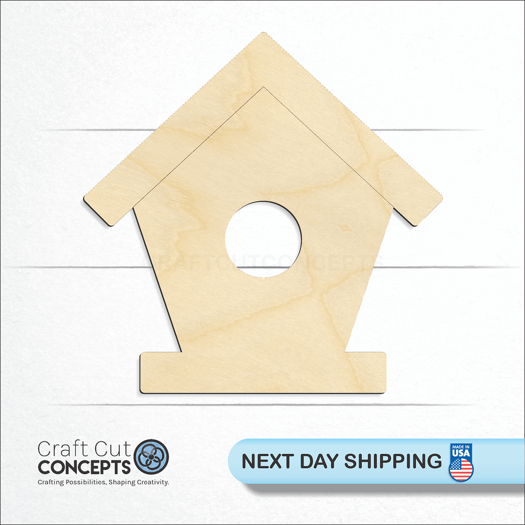 Craft Cut Concepts logo and next day shipping banner with an unfinished wood Bird House craft shape and blank
