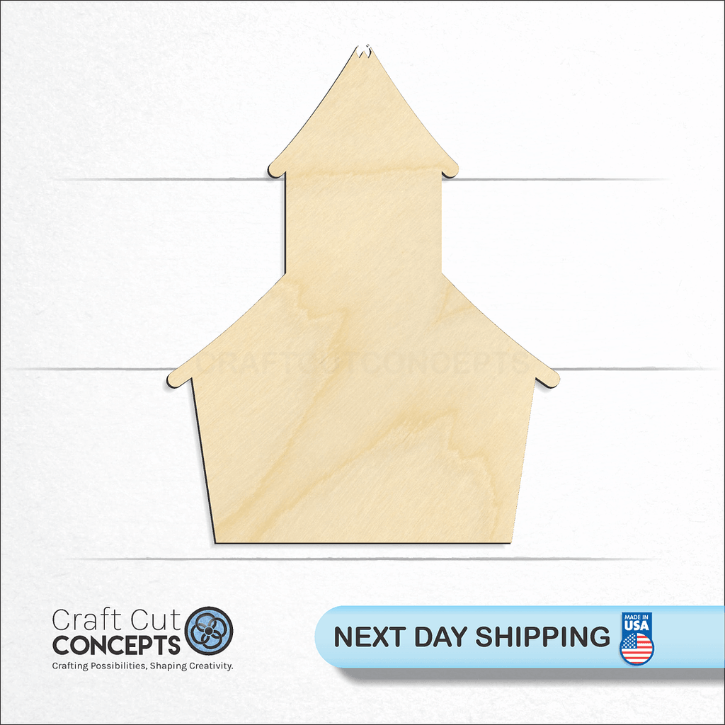 Craft Cut Concepts logo and next day shipping banner with an unfinished wood School House craft shape and blank