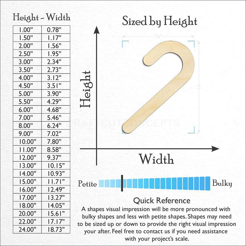 Sizes available for a laser cut Candy Cane craft blank