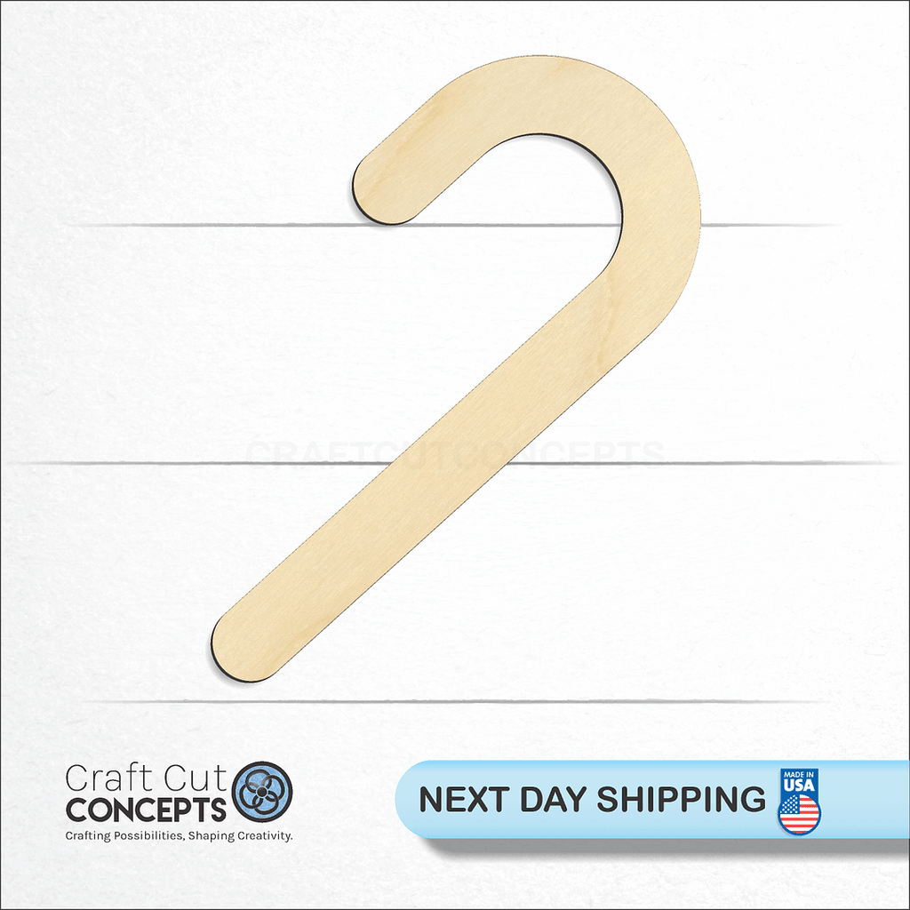 Craft Cut Concepts logo and next day shipping banner with an unfinished wood Candy Cane craft shape and blank