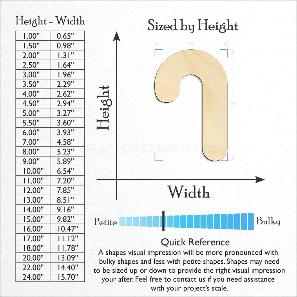 Sizes available for a laser cut Candy Cane craft blank