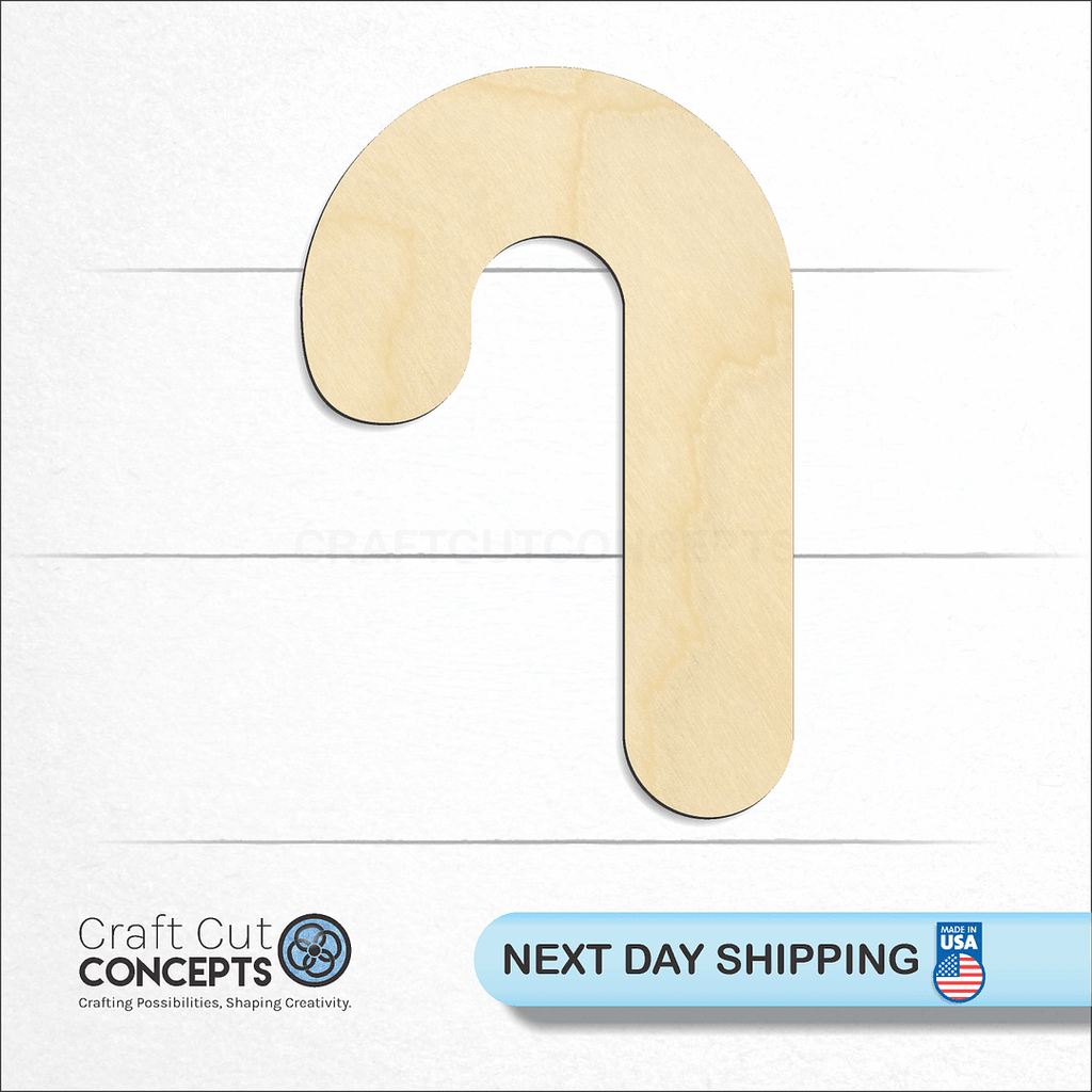 Craft Cut Concepts logo and next day shipping banner with an unfinished wood Candy Cane craft shape and blank