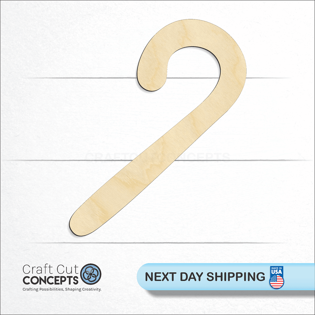 Craft Cut Concepts logo and next day shipping banner with an unfinished wood Candy Cane craft shape and blank