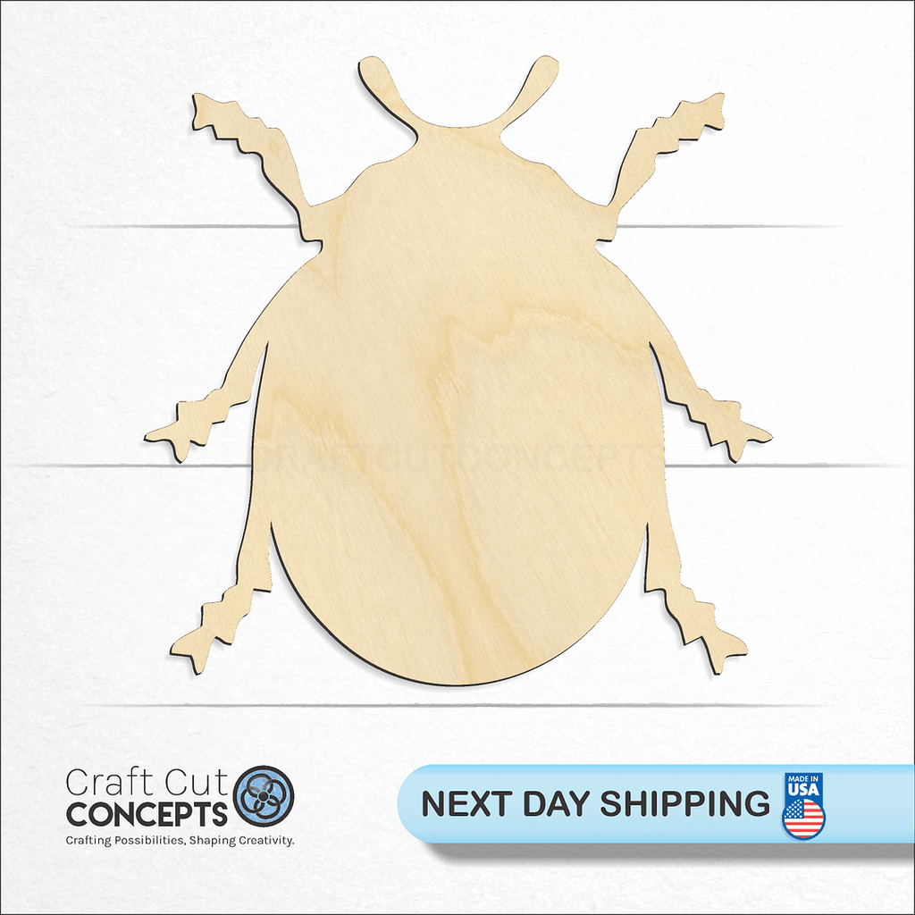 Craft Cut Concepts logo and next day shipping banner with an unfinished wood Lady Bug 2 craft shape and blank