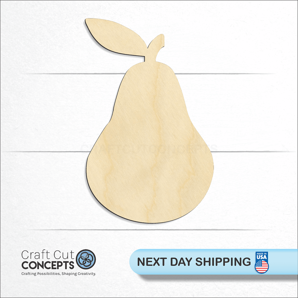 Craft Cut Concepts logo and next day shipping banner with an unfinished wood Pear Fruit craft shape and blank