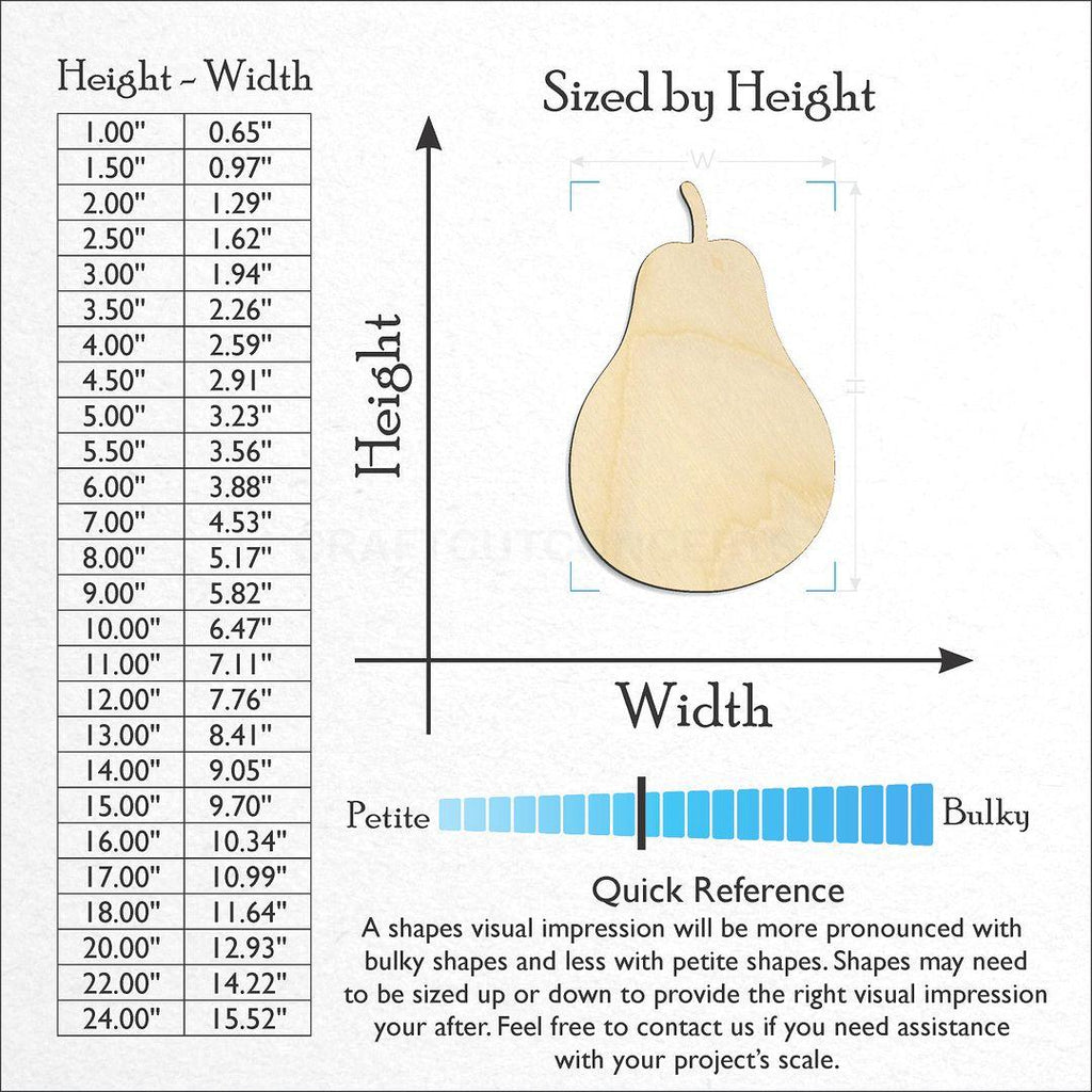 Sizes available for a laser cut Pear Fruit craft blank