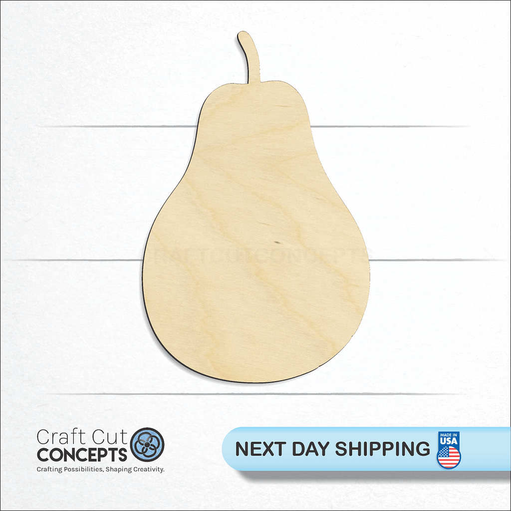 Craft Cut Concepts logo and next day shipping banner with an unfinished wood Pear Fruit craft shape and blank