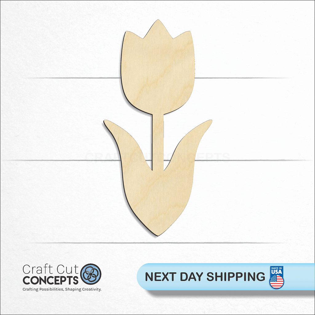 Craft Cut Concepts logo and next day shipping banner with an unfinished wood Tulip craft shape and blank