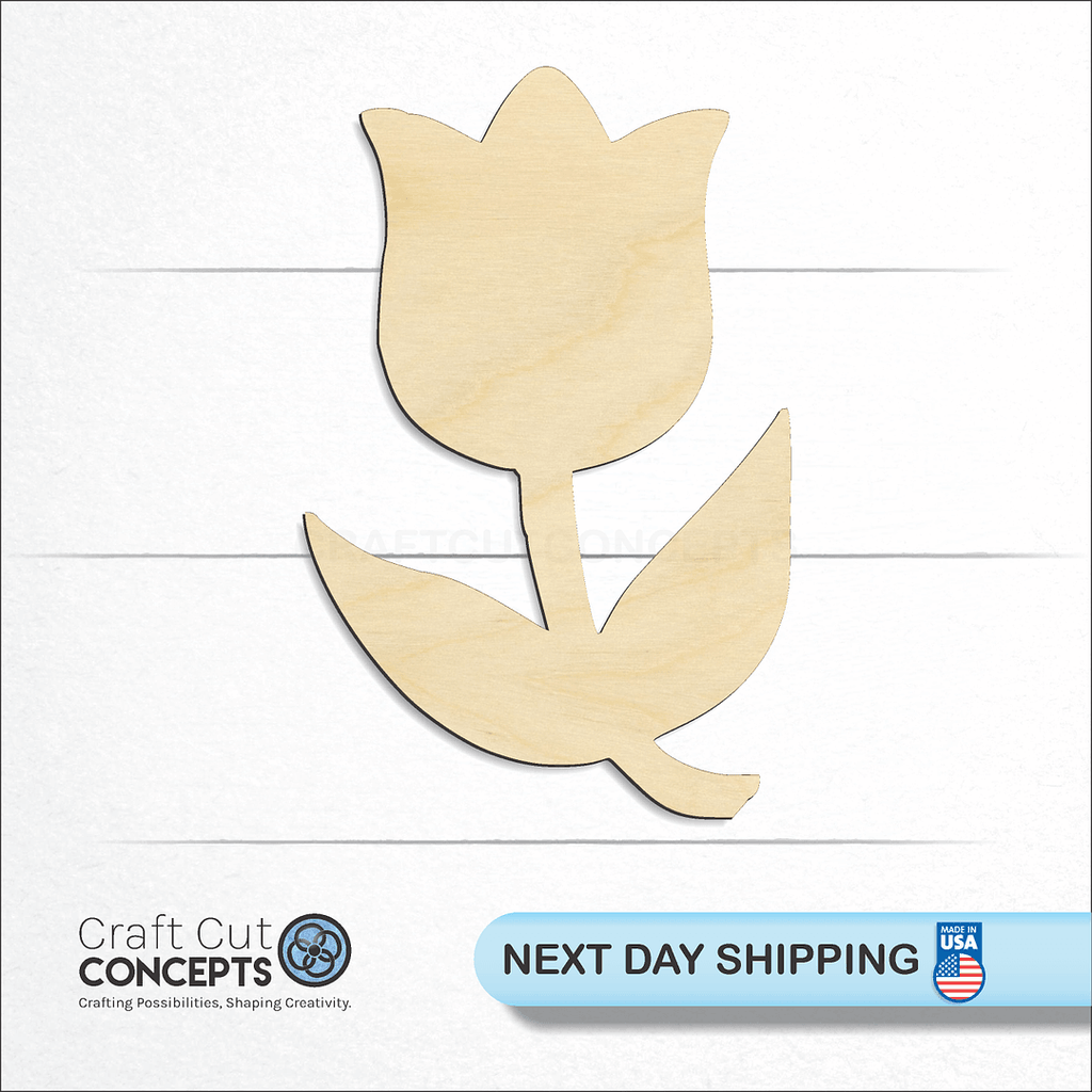 Craft Cut Concepts logo and next day shipping banner with an unfinished wood Tulip craft shape and blank