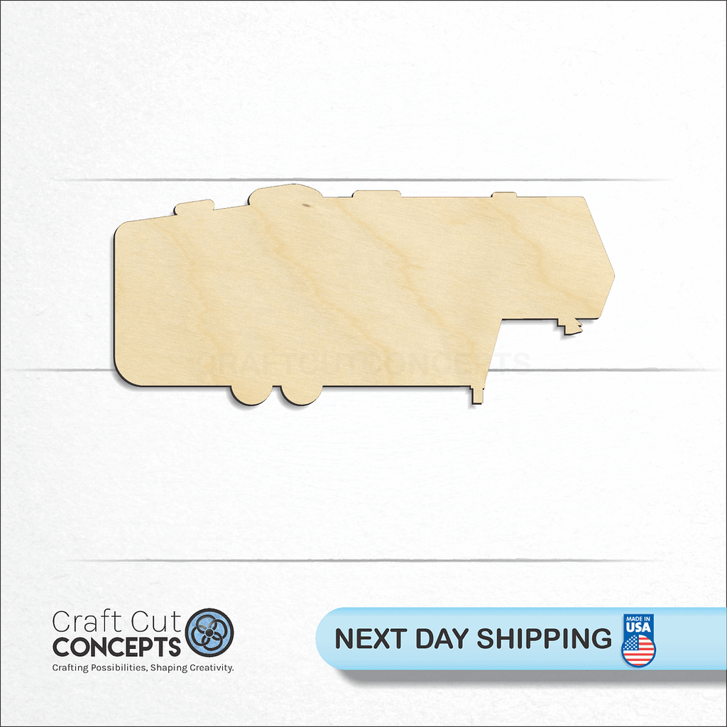 Craft Cut Concepts logo and next day shipping banner with an unfinished wood  5th wheel camper craft shape and blank