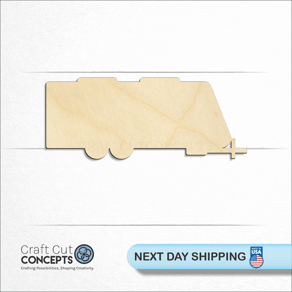 Craft Cut Concepts logo and next day shipping banner with an unfinished wood  Travel Trailer camper craft shape and blank