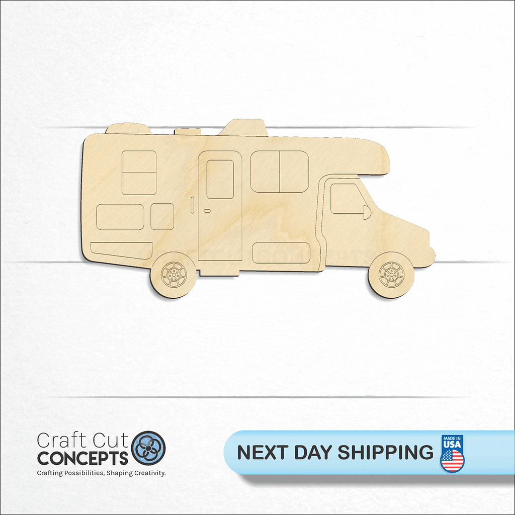 Craft Cut Concepts logo and next day shipping banner with an unfinished wood  RV camper craft shape and blank
