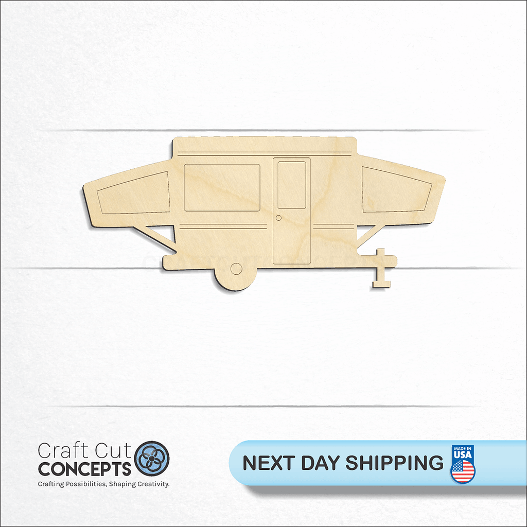 Craft Cut Concepts logo and next day shipping banner with an unfinished wood  Popup Camper craft shape and blank