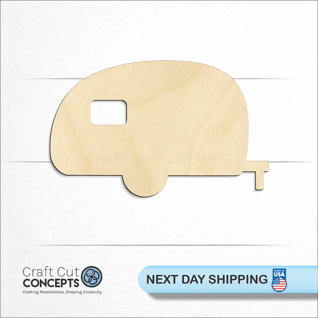 Craft Cut Concepts logo and next day shipping banner with an unfinished wood  Camper craft shape and blank