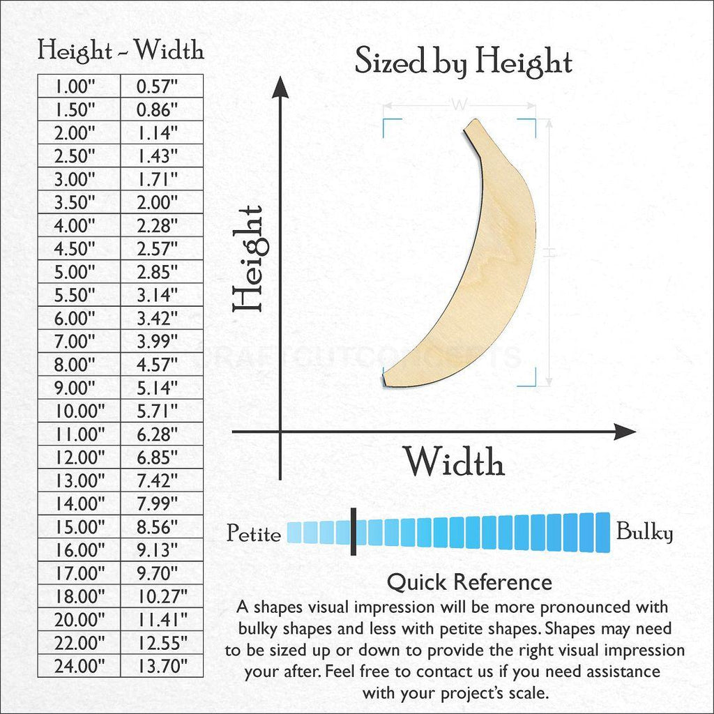 Sizes available for a laser cut Banana craft blank