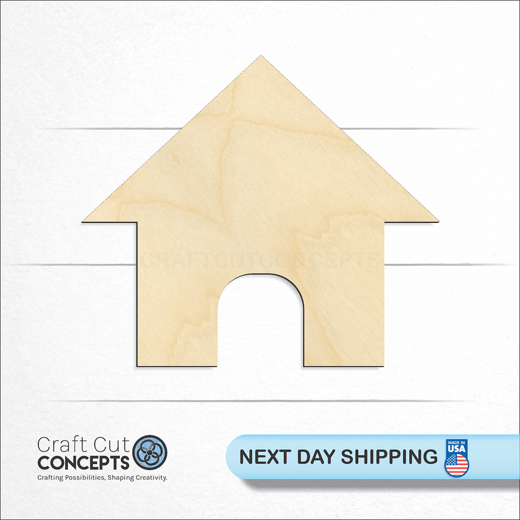 Craft Cut Concepts logo and next day shipping banner with an unfinished wood Dog House craft shape and blank