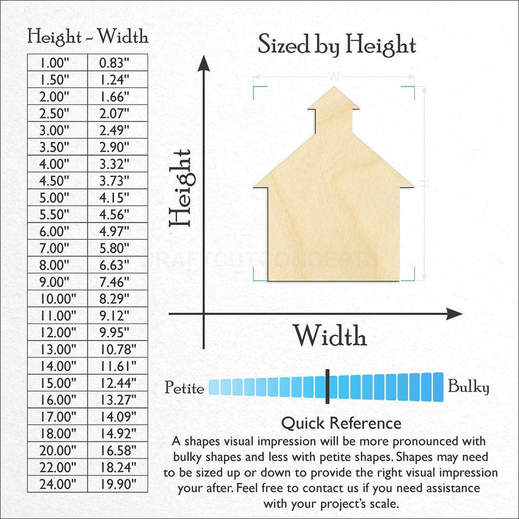 Sizes available for a laser cut Church craft blank