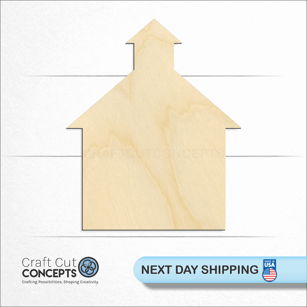 Craft Cut Concepts logo and next day shipping banner with an unfinished wood Church craft shape and blank